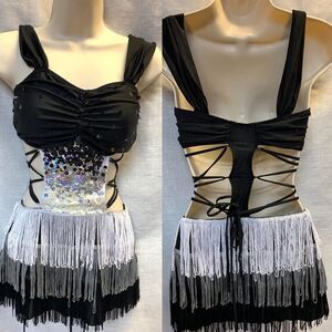 Glamour dance costume leotard black white cut out open back sequin adult  AXS